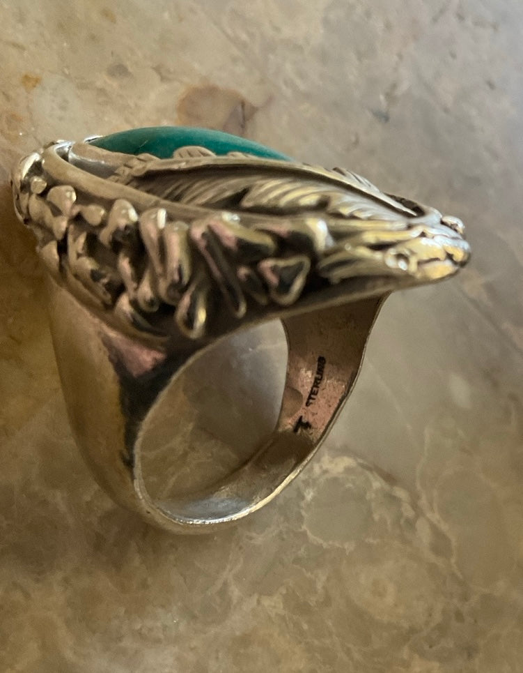 Vintage Southwestern Sterling Silver Green Turquoise Statement Ring Size 12