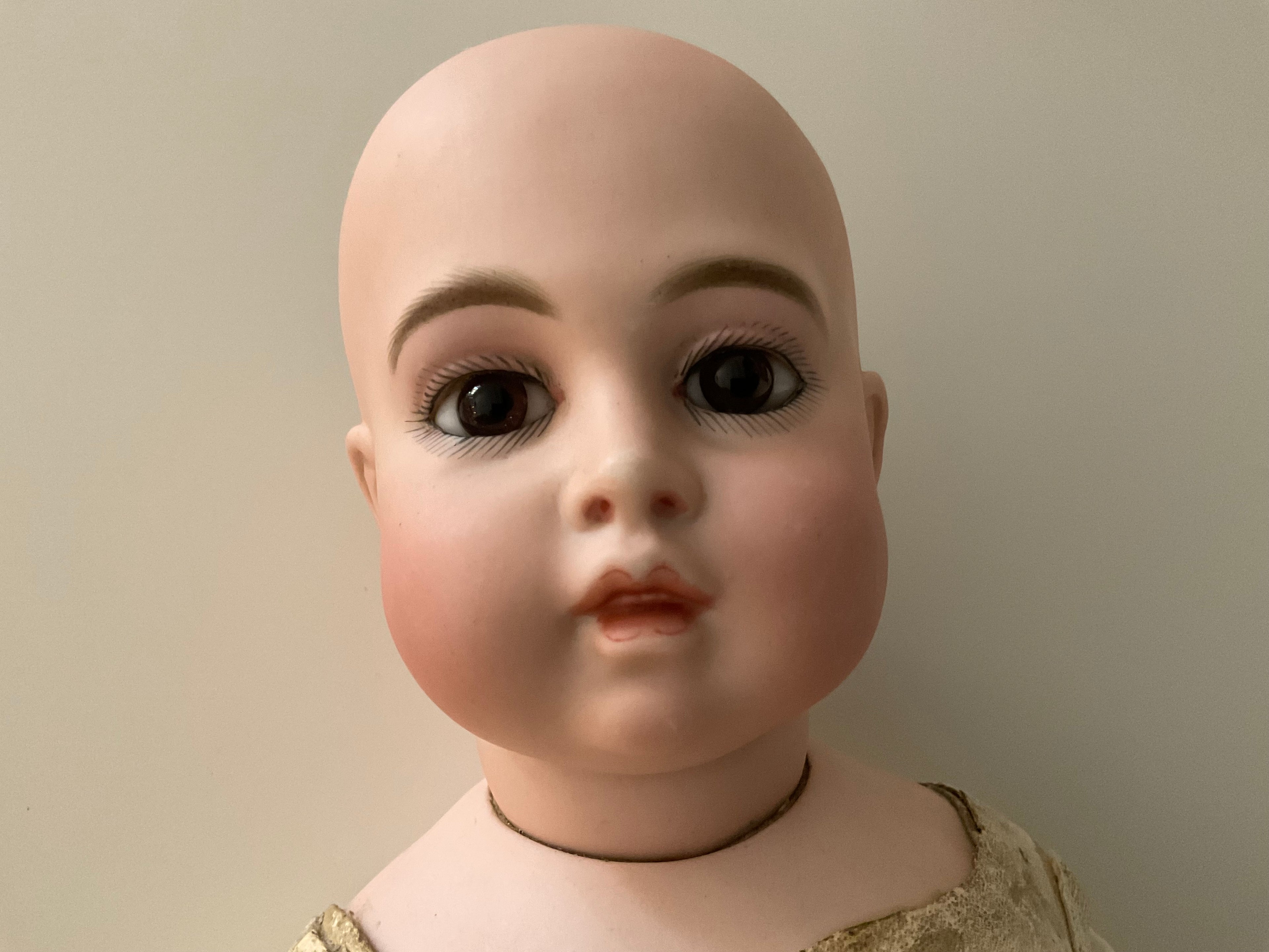 Antique Circle Dot Bru Bisque Doll 18" — Original Cork Pate, Mohair Wig, Goatskin Body