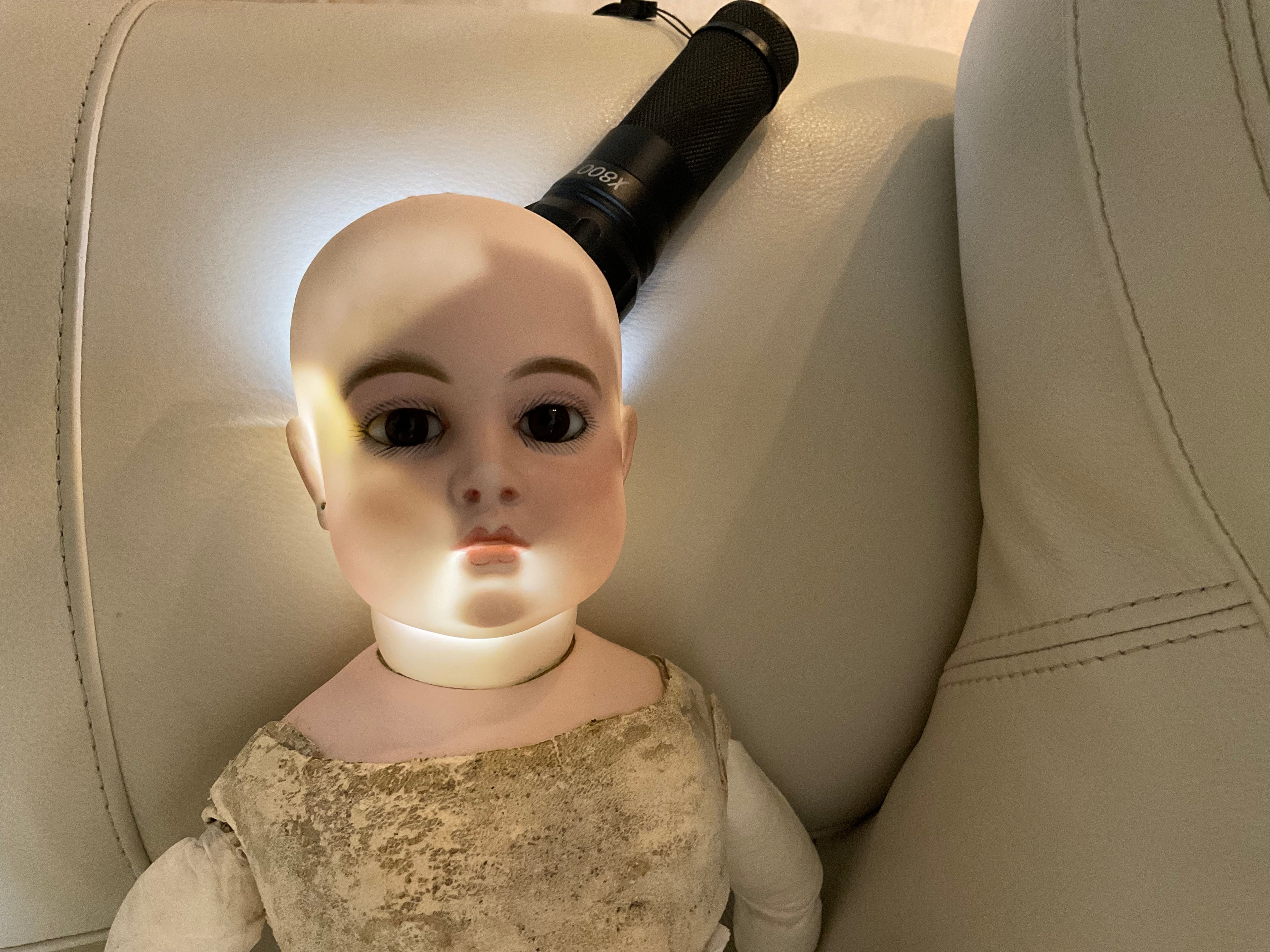 Antique Circle Dot Bru Bisque Doll 18" — Original Cork Pate, Mohair Wig, Goatskin Body