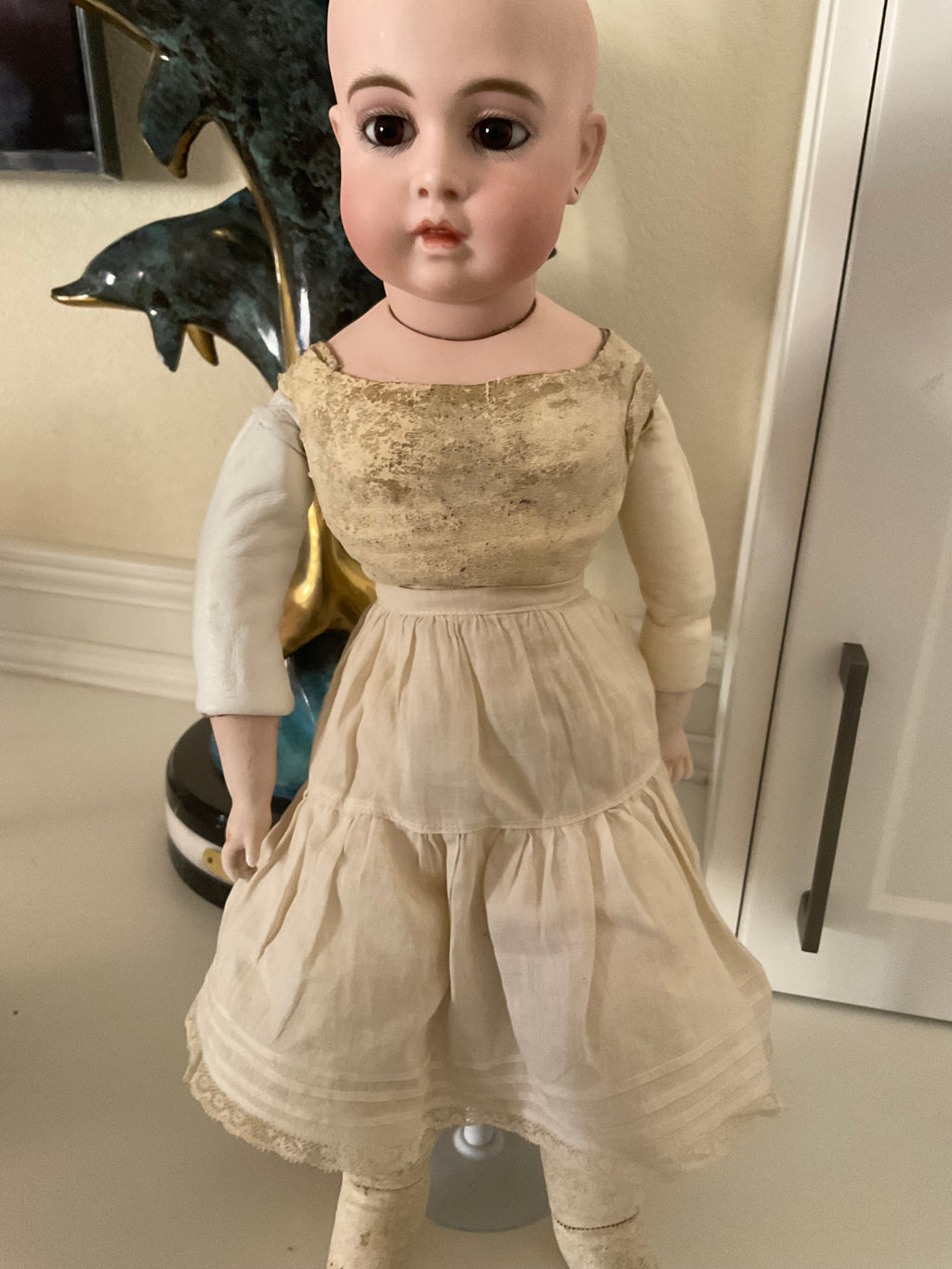 Antique Circle Dot Bru Bisque Doll 18" — Original Cork Pate, Mohair Wig, Goatskin Body