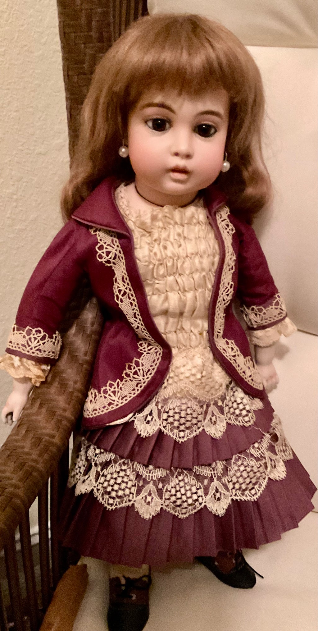 Antique Circle Dot Bru Bisque Doll 18" — Original Cork Pate, Mohair Wig, Goatskin Body