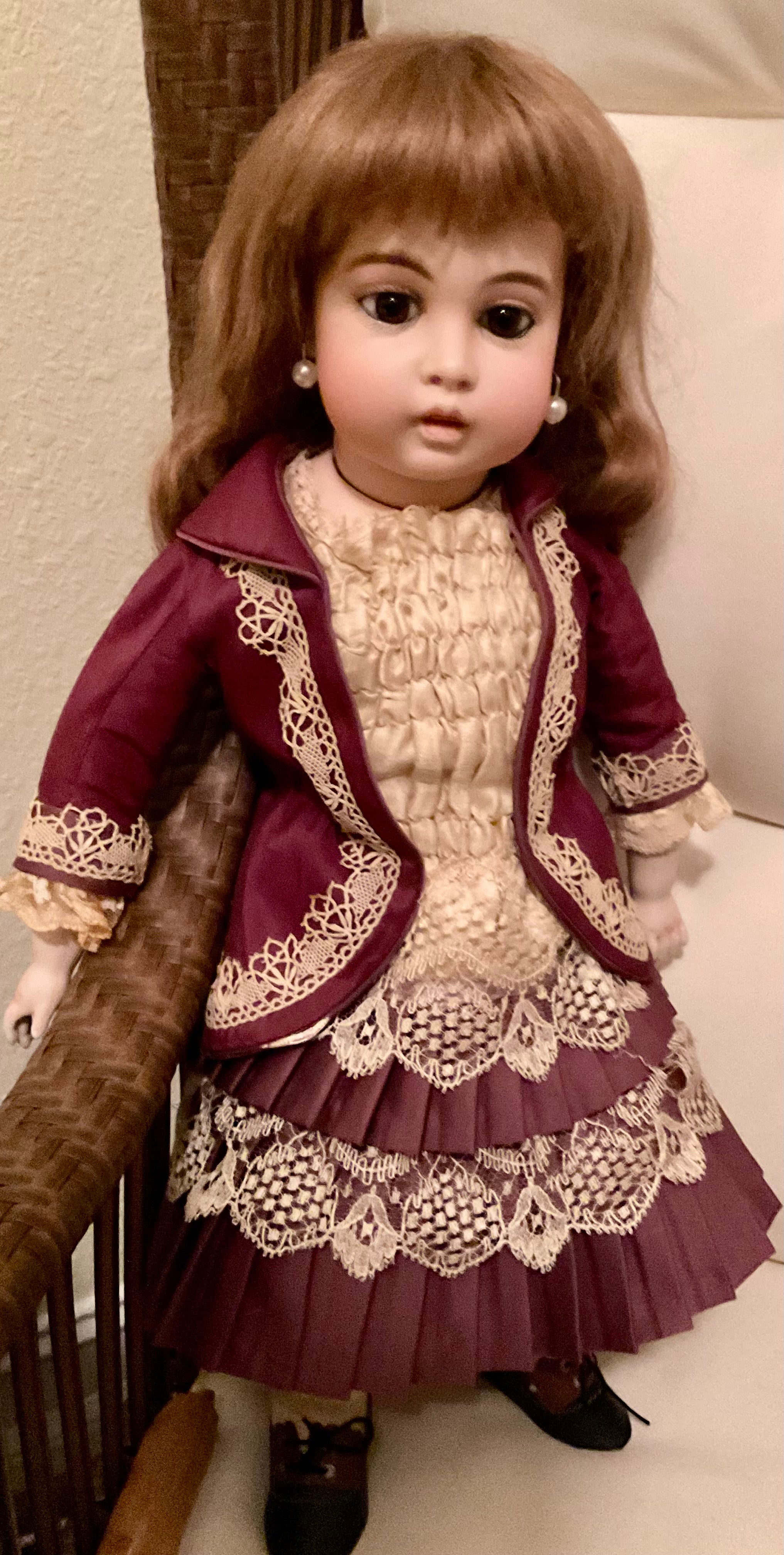 Antique Circle Dot Bru Bisque Doll 18" — Original Cork Pate, Mohair Wig, Goatskin Body