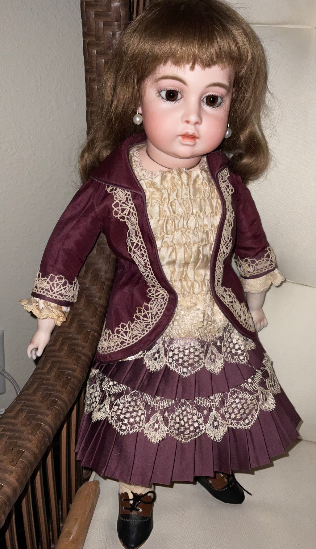 Antique Circle Dot Bru Bisque Doll 18" — Original Cork Pate, Mohair Wig, Goatskin Body