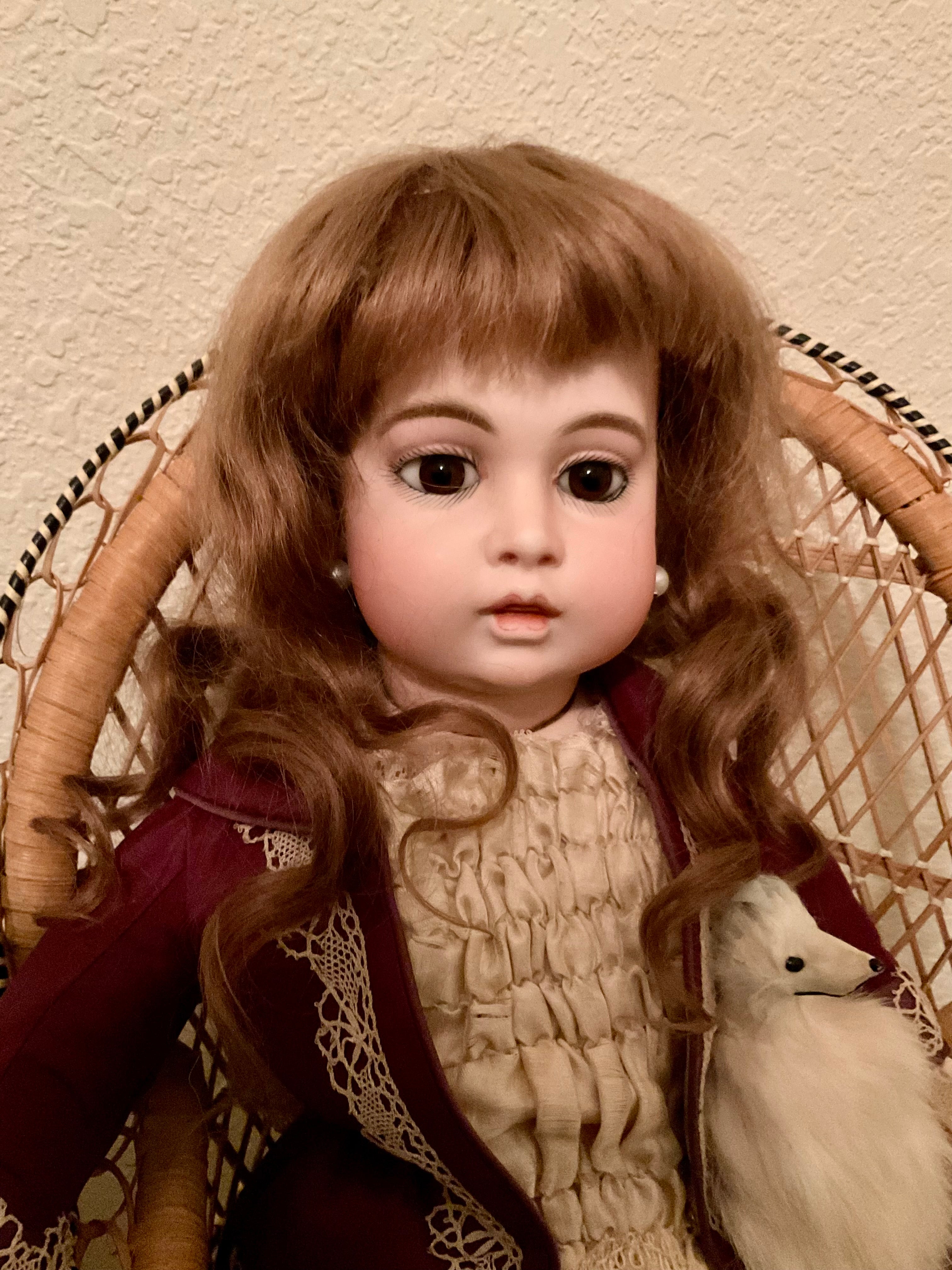 Antique Circle Dot Bru Bisque Doll 18" — Original Cork Pate, Mohair Wig, Goatskin Body